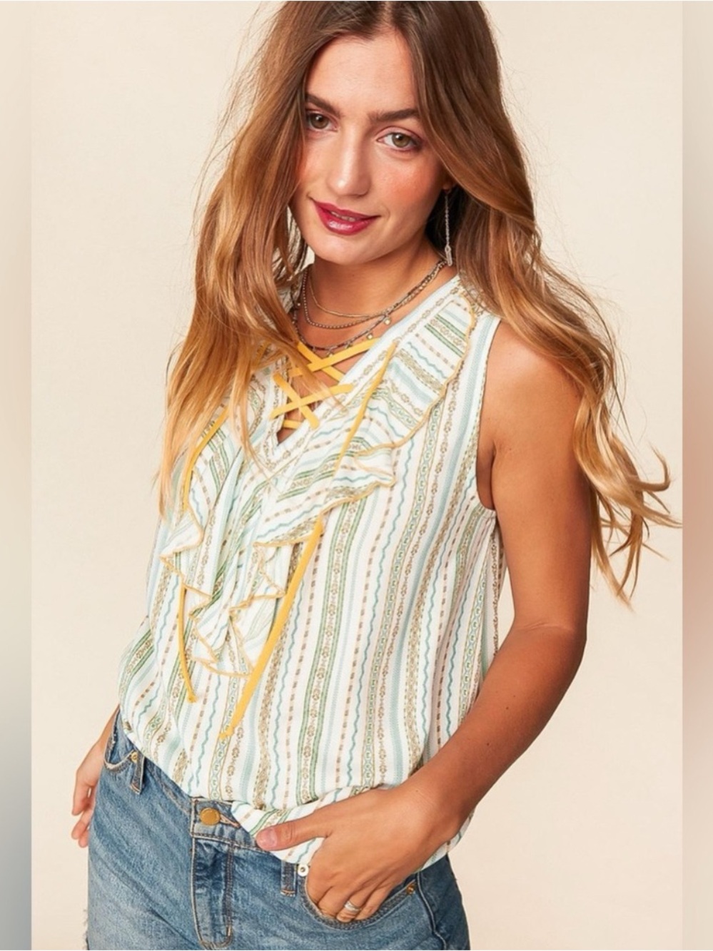NWOT Sleeveless Striped Ruffle lightweight Top with Yellow Lace-Up detail, Large
